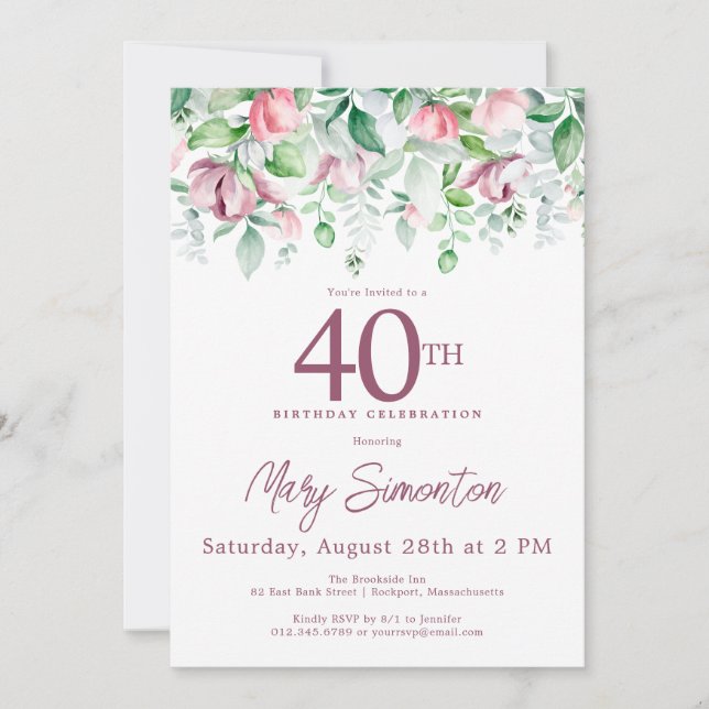 Invitación Exquisito Pink Mauve Floral 40 cumpleaños (Anverso)