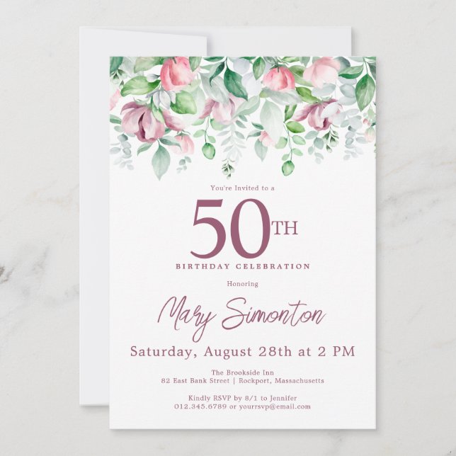 Invitación Exquisito Pink Mauve Floral 50 cumpleaños (Anverso)