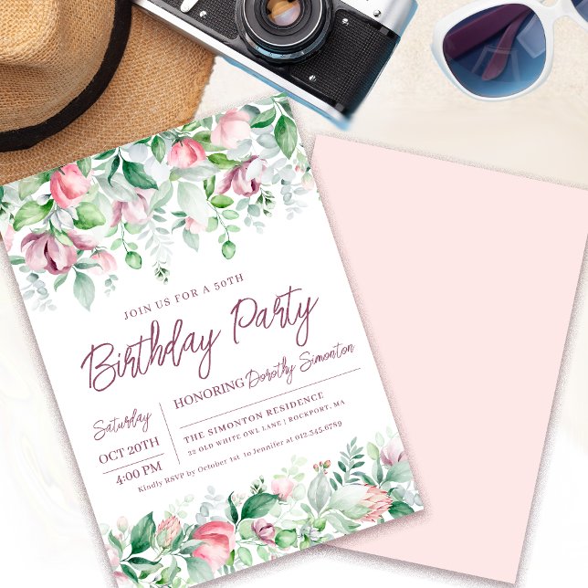 Invitación Exquisito Pink Mauve Floral 50 cumpleaños (Need a matching welcome sign? More coordinating party supplies. Message me!)