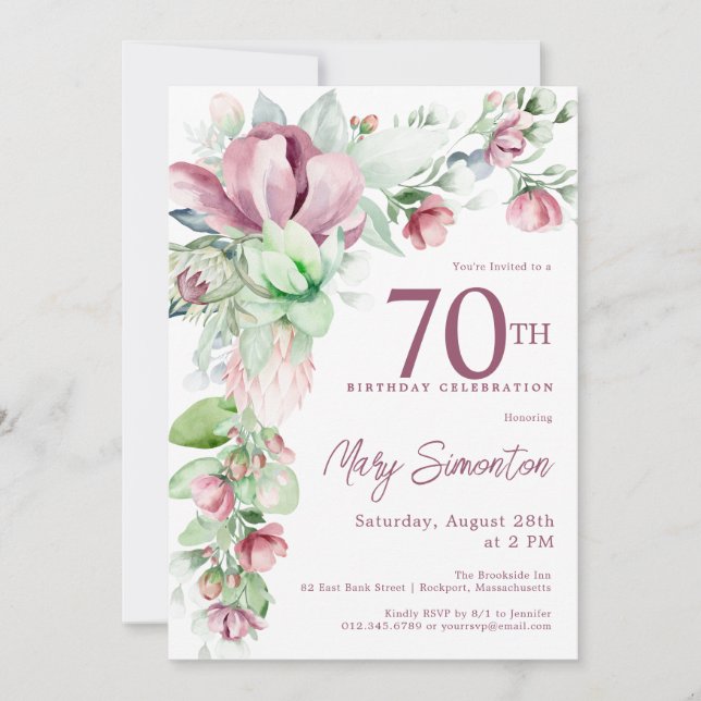 Invitación Exquisito Pink Mauve Floral 70 cumpleaños (Anverso)