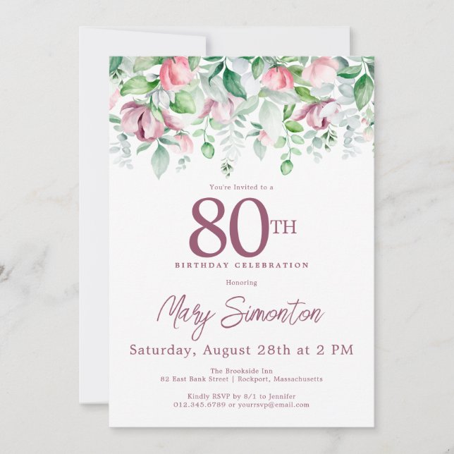 Invitación Exquisito Pink Mauve Floral 80 cumpleaños (Anverso)