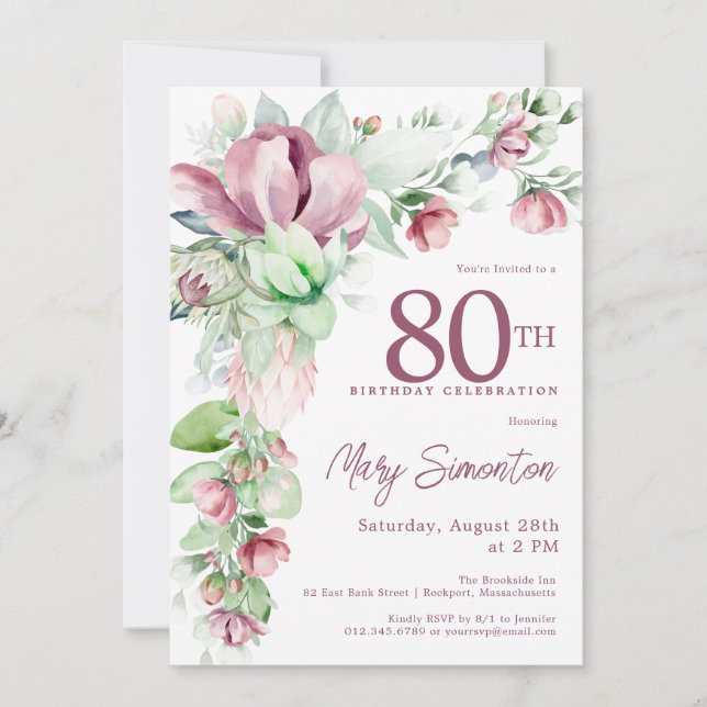 Invitación Exquisito Pink Mauve Floral 80 cumpleaños (Anverso)