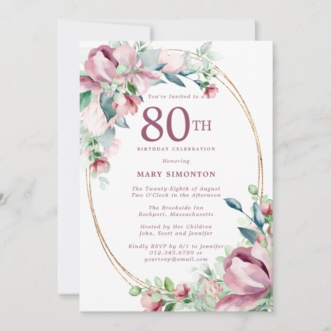 Invitación Exquisito Pink Mauve Floral 80 cumpleaños (Anverso)