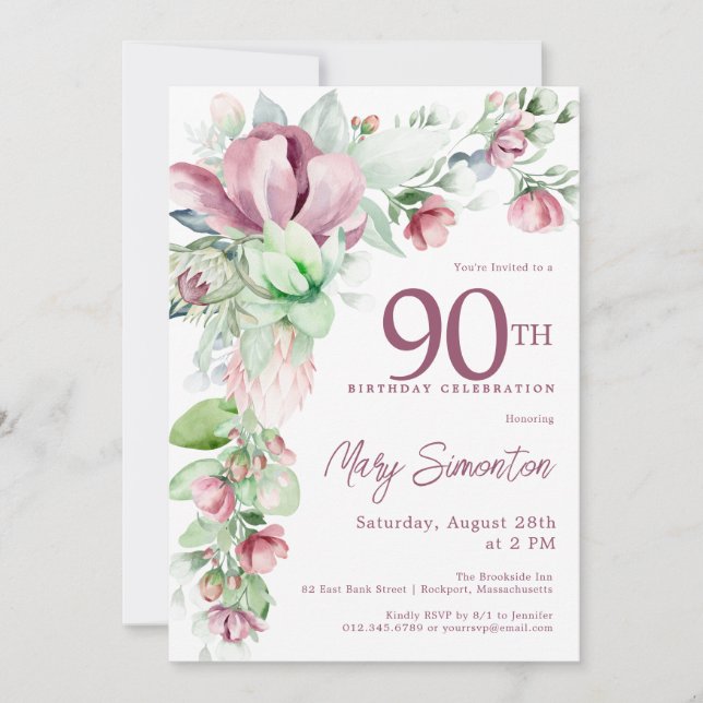 Invitación Exquisito Pink Mauve Floral 90 cumpleaños (Anverso)
