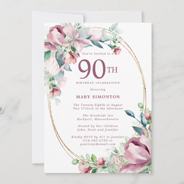 Invitación Exquisito Pink Mauve Floral 90 cumpleaños (Anverso)
