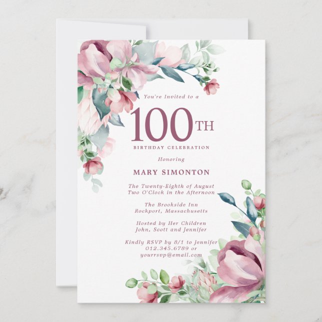 Invitación Exquisito Pink Rose Floral 100 cumpleaños (Anverso)