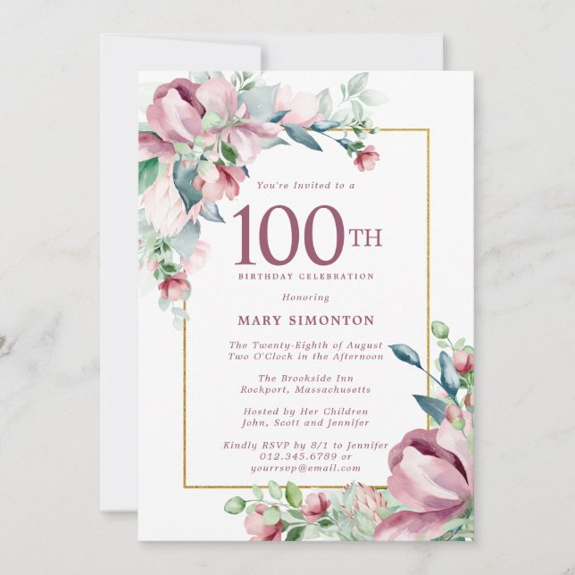 Invitación Exquisito Pink Rose Floral 100 cumpleaños (Anverso)