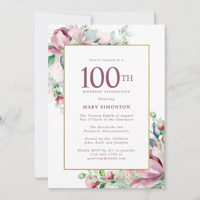 Invitación Exquisito Pink Rose Floral 100 cumpleaños (Anverso)