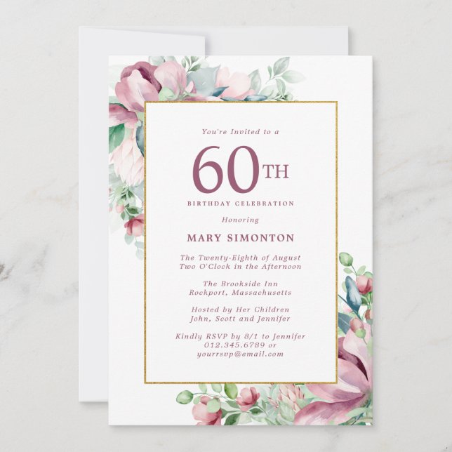 Invitación Exquisito Pink Rose Floral 60 cumpleaños (Anverso)