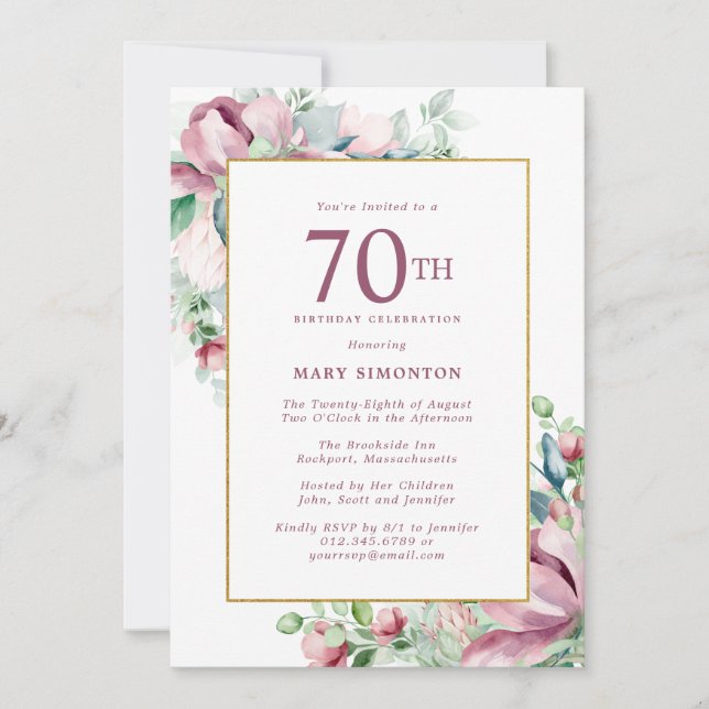 Invitación Exquisito Pink Rose Floral 70 cumpleaños (Anverso)