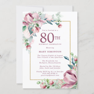 Invitación Exquisito Pink Rose Floral 80 cumpleaños