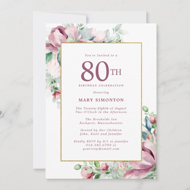 Invitación Exquisito Pink Rose Floral 80 cumpleaños (Anverso)