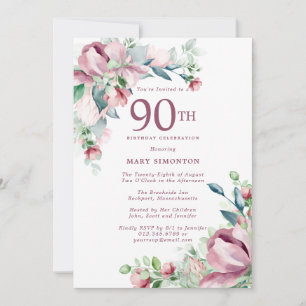 Invitación Exquisito Pink Rose Floral 90 cumpleaños