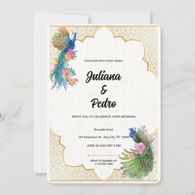 Invitación Exquisito tema de la boda del pavo real (Anverso)