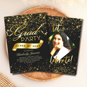 Invitación Extravagante Fiesta de Grado de Purpurina Negro y