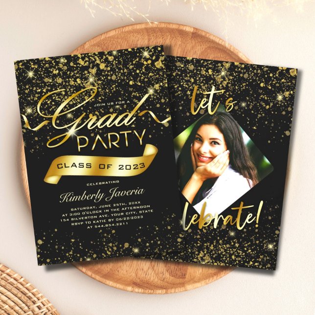 Invitación Extravagante Fiesta de Grado de Purpurina Negro y  (Subido por el creador)