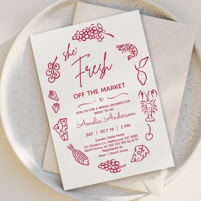 Invitación Extravagante mercado de granjeros de la Red Drake (Red Fresh off the Market Bridal Shower Invitation Whimsical Market Farmers Bridal Shower Invitation )