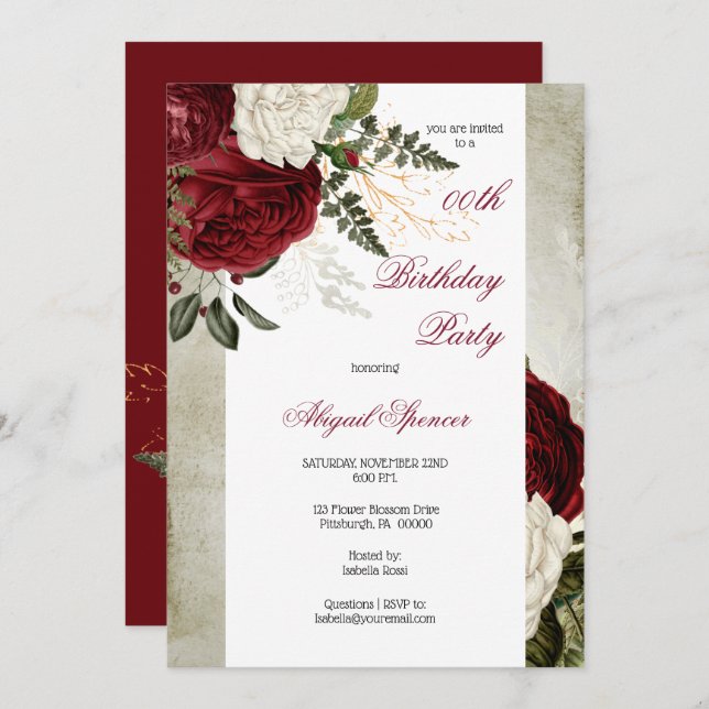 Invitación Exuberante fiesta de cumpleaños para adultos con f (Anverso / Reverso)