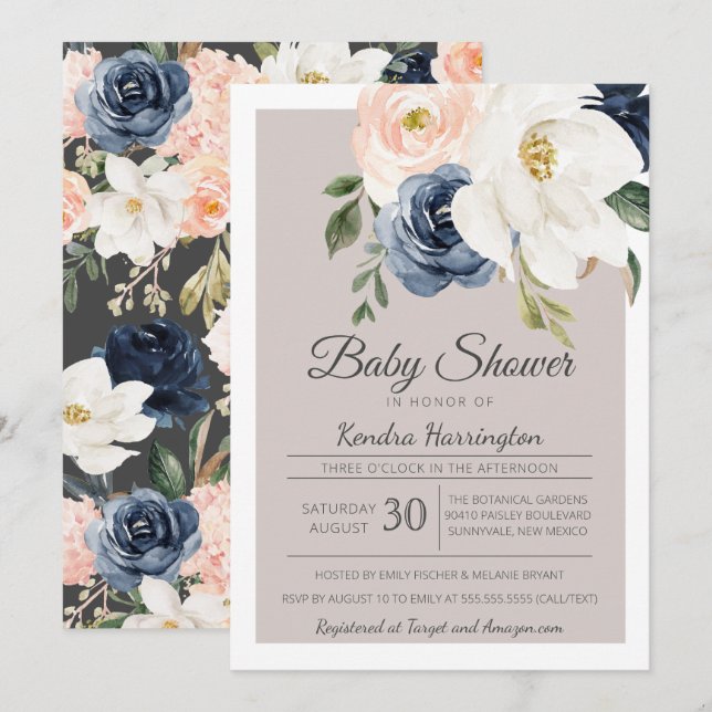 Invitación Exuberante Marina gris Magnolia y Baby Shower Rubo (Anverso / Reverso)