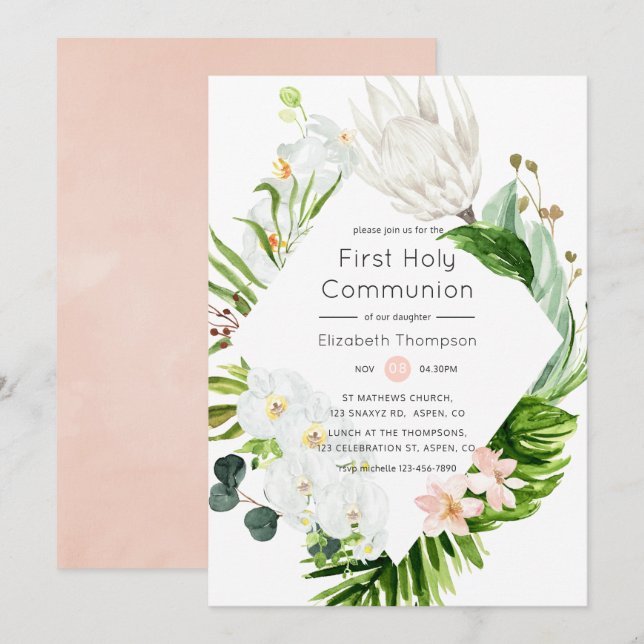 Invitación Exuberante Paraíso Tropical Floral Primera Comunió (Anverso / Reverso)