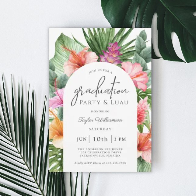 Invitación Exuberante Partido de Graduación Floral Tropical y (Subido por el creador)