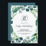 Invitación Exuberante vegetación y Eucalipto 30 cumpleaños<br><div class="desc">Esta exuberante vegetación y eucalipto invitación a cumplir 30 años es perfecta para una elegante fiesta de cumpleaños. El moderno diseño botánico presenta magníficos eucaliptos de color azul acuático y hojas verdes.</div>
