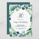 Invitación Exuberante vegetación y Eucalipto 30 cumpleaños<br><div class="desc">Esta exuberante vegetación y eucalipto invitación a cumplir 30 años es perfecta para una elegante fiesta de cumpleaños. El moderno diseño botánico presenta magníficos eucaliptos de color azul acuático y hojas verdes.</div>