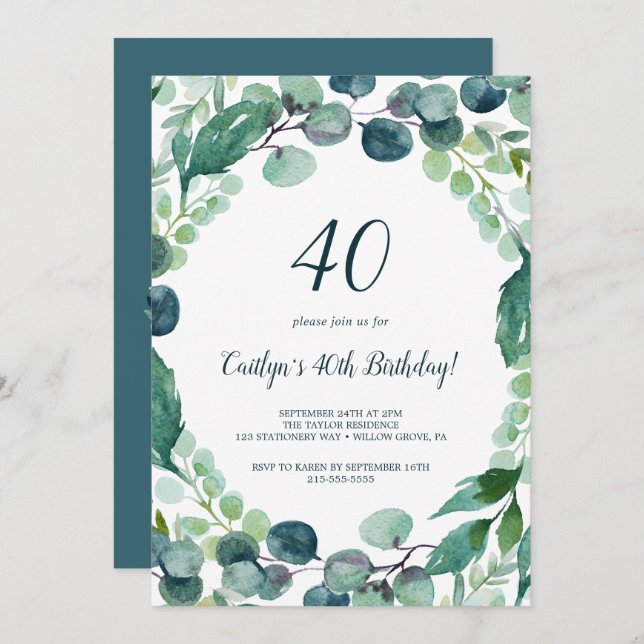 Invitación Exuberante vegetación y Eucalipto 40 cumpleaños (Anverso / Reverso)