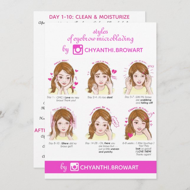 Invitación Eyebrow Microblading Aftercare Instruction Pink (Anverso / Reverso)