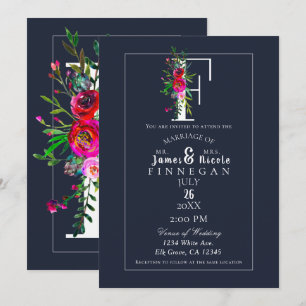 Invitación F Monograma Inicial Moderna Floral Azul Boda
