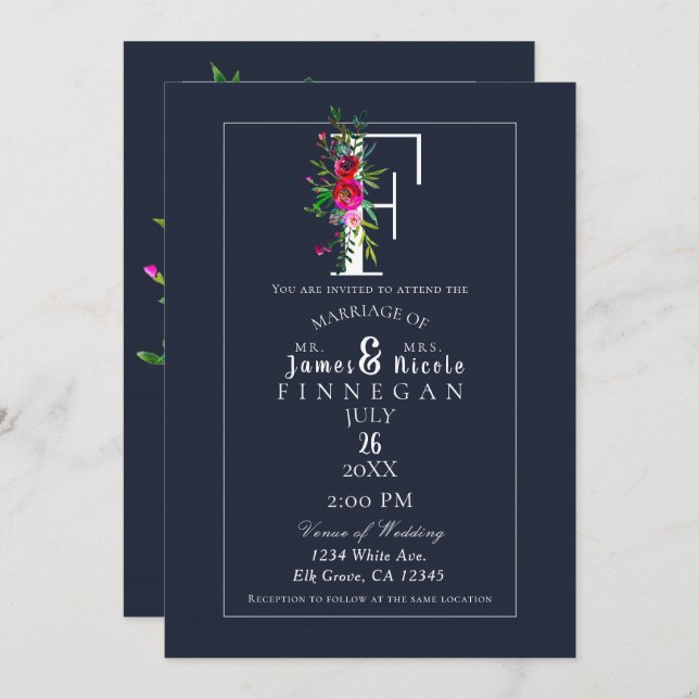 Invitación F Monograma Último Boda floral azul moderno inicia (Anverso / Reverso)