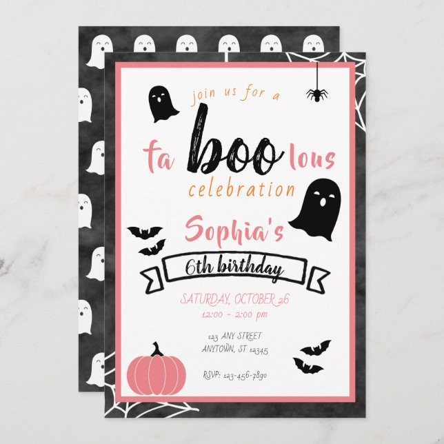 Invitación Fa"boo"lous Chicas Birthday Ghost Halloween (Anverso / Reverso)