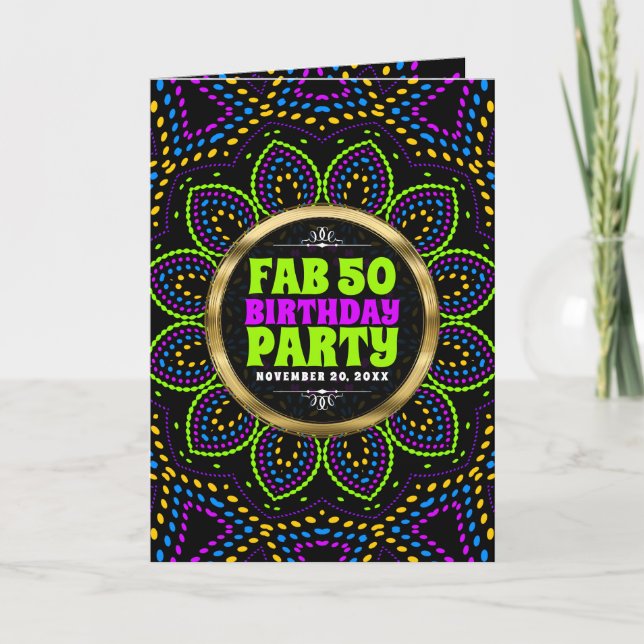 Invitación FAB 50.º cumpleaños Groovy Rave Flower Fiesta (Anverso)
