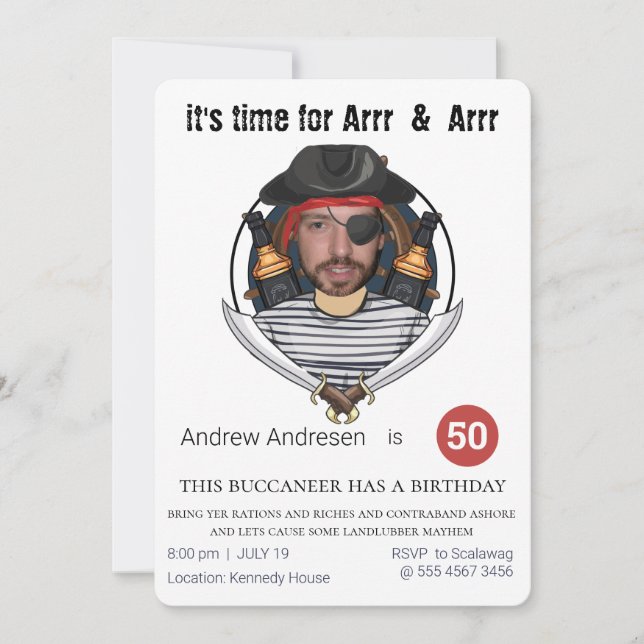 Invitación Fab Pirate Mens Cumpleaños Funny Añade tu cara (Anverso)