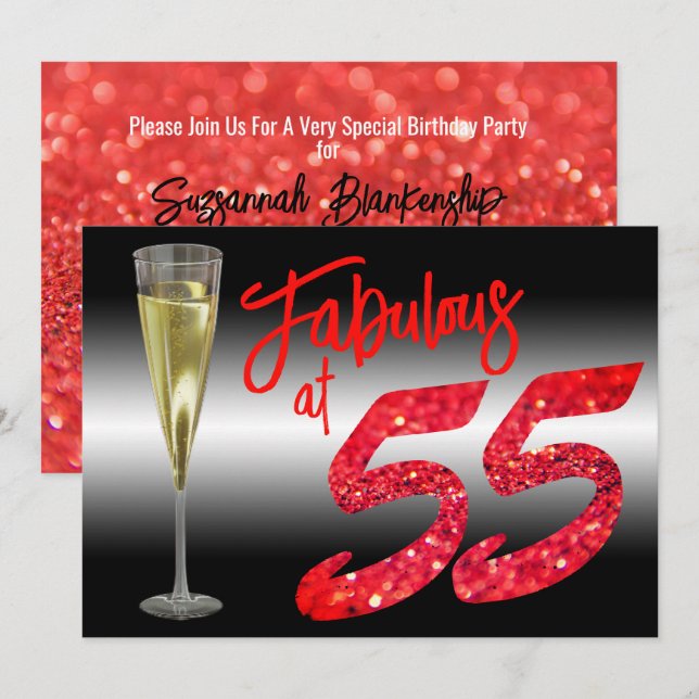 Invitación Fabulosa a los 55 Cumpleaños Coral Brillo Fiesta (Anverso / Reverso)