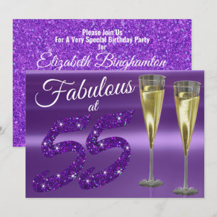 Invitación Fabulosa a los 55 Cumpleaños Femenino Purpurina Fi