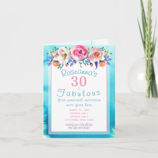 Invitación Fabulosa acuarela Floral 30 y fabulosa (Anverso)