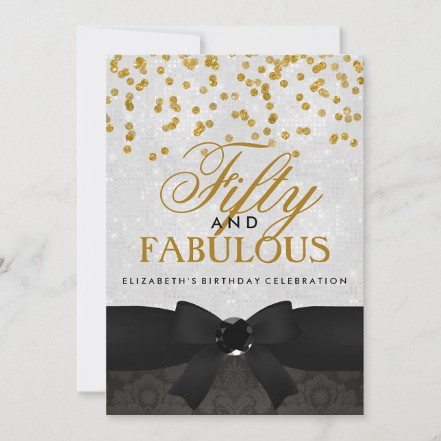 Invitación fabulosa de cumpleaños número 50 dorada (Anverso)