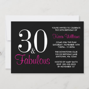 Invitación Fabulosa fiesta de cumpleaños 30 en negro y rosa
