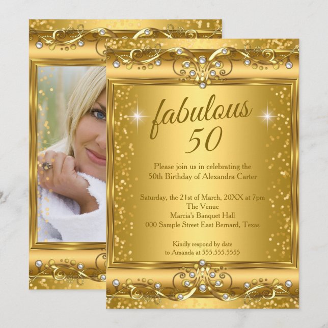 Invitación Fabulosa Fiesta de Cumpleaños 50 con destellos dor (Anverso / Reverso)