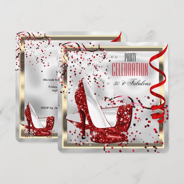 Invitación Fabulosa Fiesta de Cumpleaños 50 Rojo Negro Blanco (Anverso / Reverso)