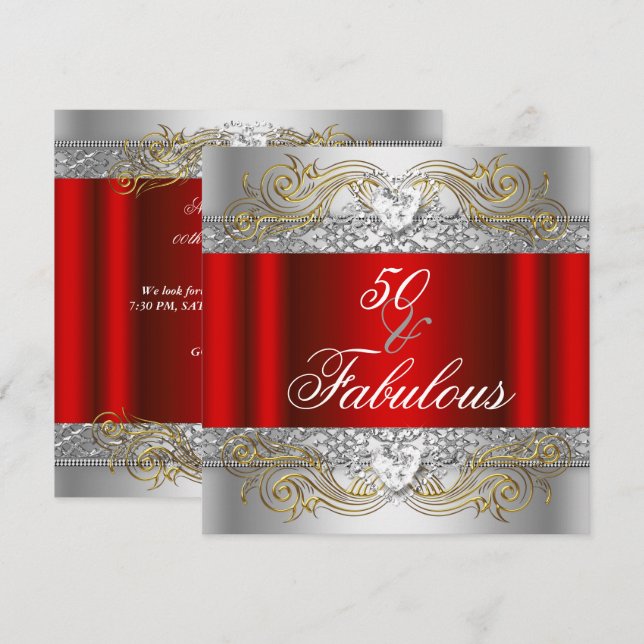 Invitación Fabulosa Fiesta de Cumpleaños 50 Rojo Plata Dorado (Anverso / Reverso)