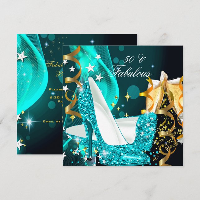 Invitación Fabulosa fiesta de cumpleaños azul de 50 mujeres (Anverso / Reverso)