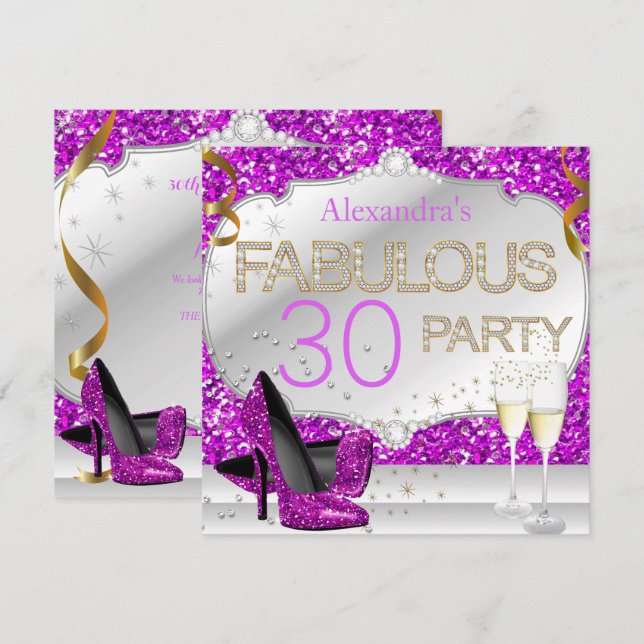 Invitación Fabulosa fiesta de cumpleaños de 30 Purpurinas ros (Anverso / Reverso)