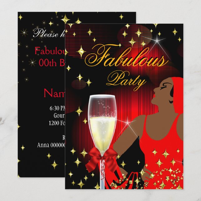 Invitación Fabulosa fiesta de cumpleaños de la Purpurina Roja (Anverso / Reverso)