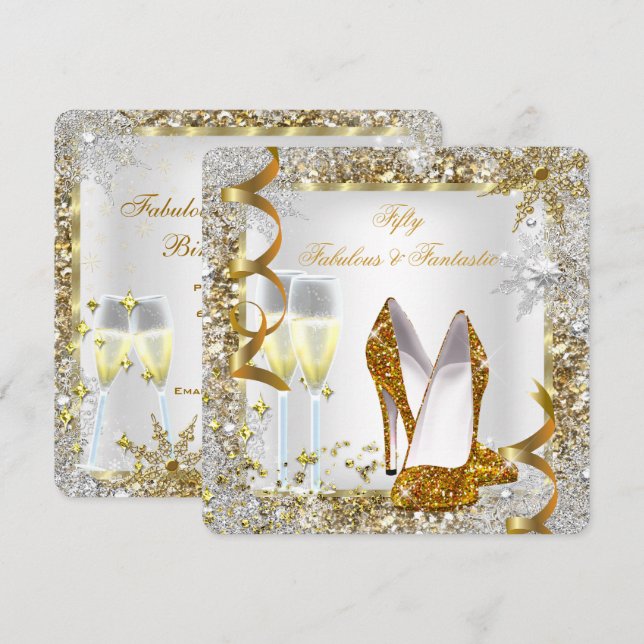Invitación Fabulosa Fiesta de Cumpleaños de Oro Blanco 50 Fan (Anverso / Reverso)