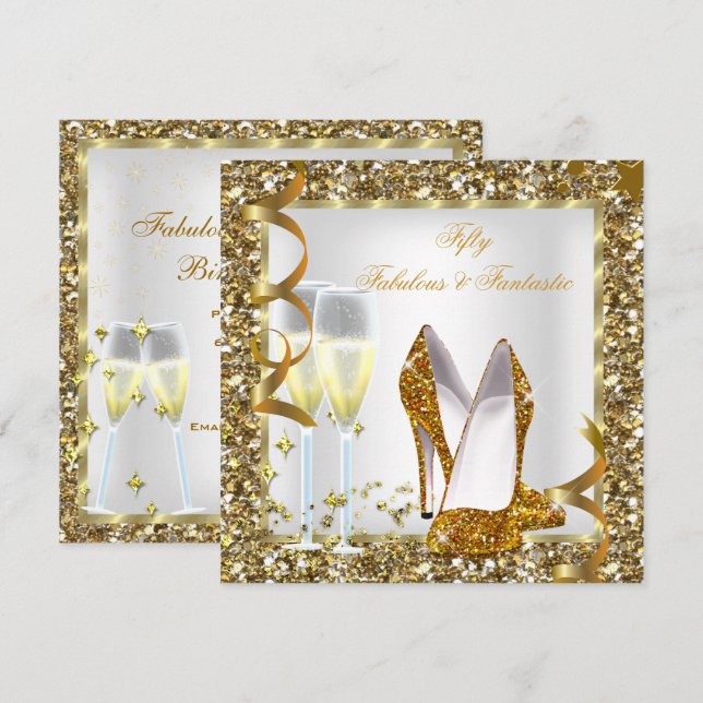 Invitación Fabulosa Fiesta de Cumpleaños de Oro Blanco 50 Fan (Anverso / Reverso)