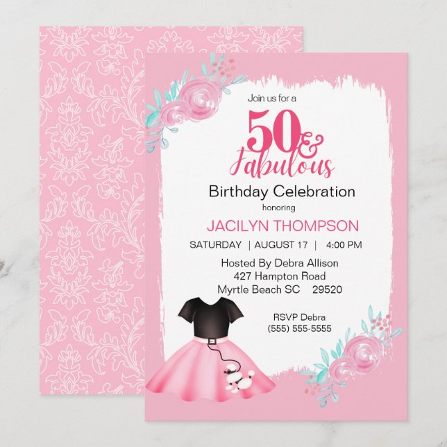 Invitación Fabulosa fiesta de cumpleaños de Poodle Skirt de l (Anverso / Reverso)