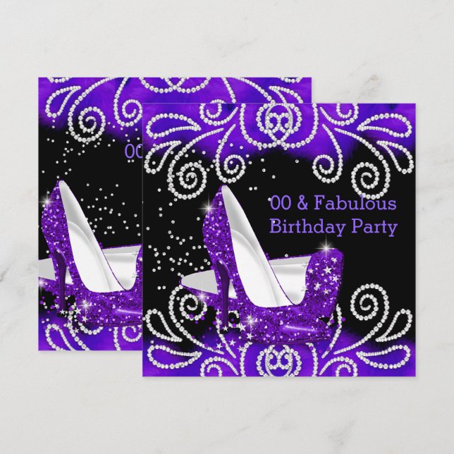 Invitación Fabulosa fiesta de cumpleaños de Purpurina morado  (Anverso / Reverso)