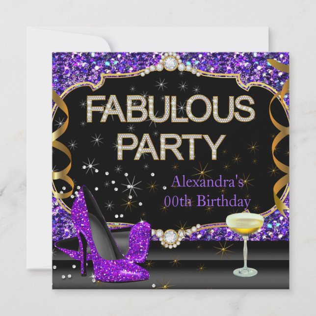 Invitación Fabulosa fiesta de cumpleaños de Purpurina negro m (Anverso)